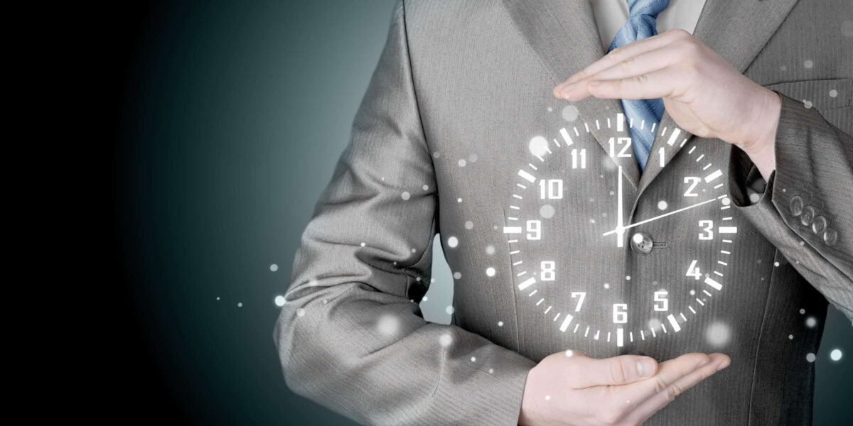 Image Of Businessman Holding Clock Against Illustration Background | ITque