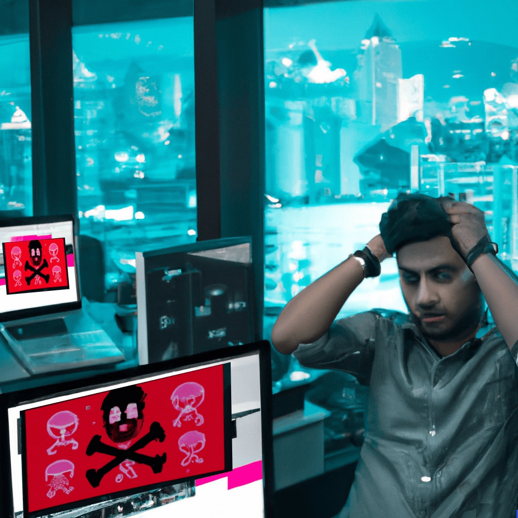 Stressed man holding his head in front of multiple computer screens showing a red skull-and-crossbones ransomware warning.